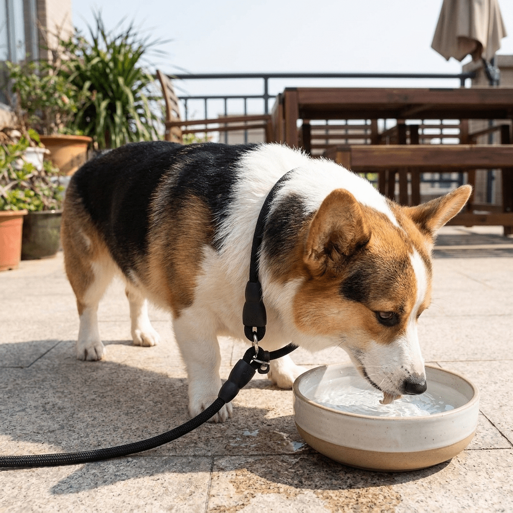 collier chien en corde d'escalade noir sur corgi buvant de l'eau gueule libre