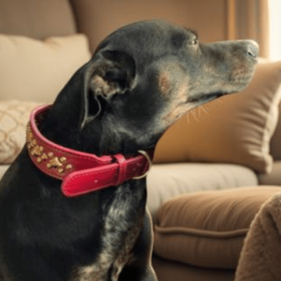 collier chien cuir rouge incrustations epaisses finitions meticuleuses style punk rock