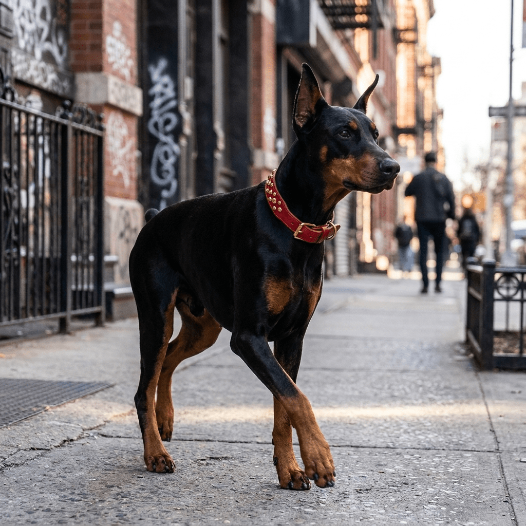 collier chien cuir cloute large rouge sur dobermann en promenade urbaine