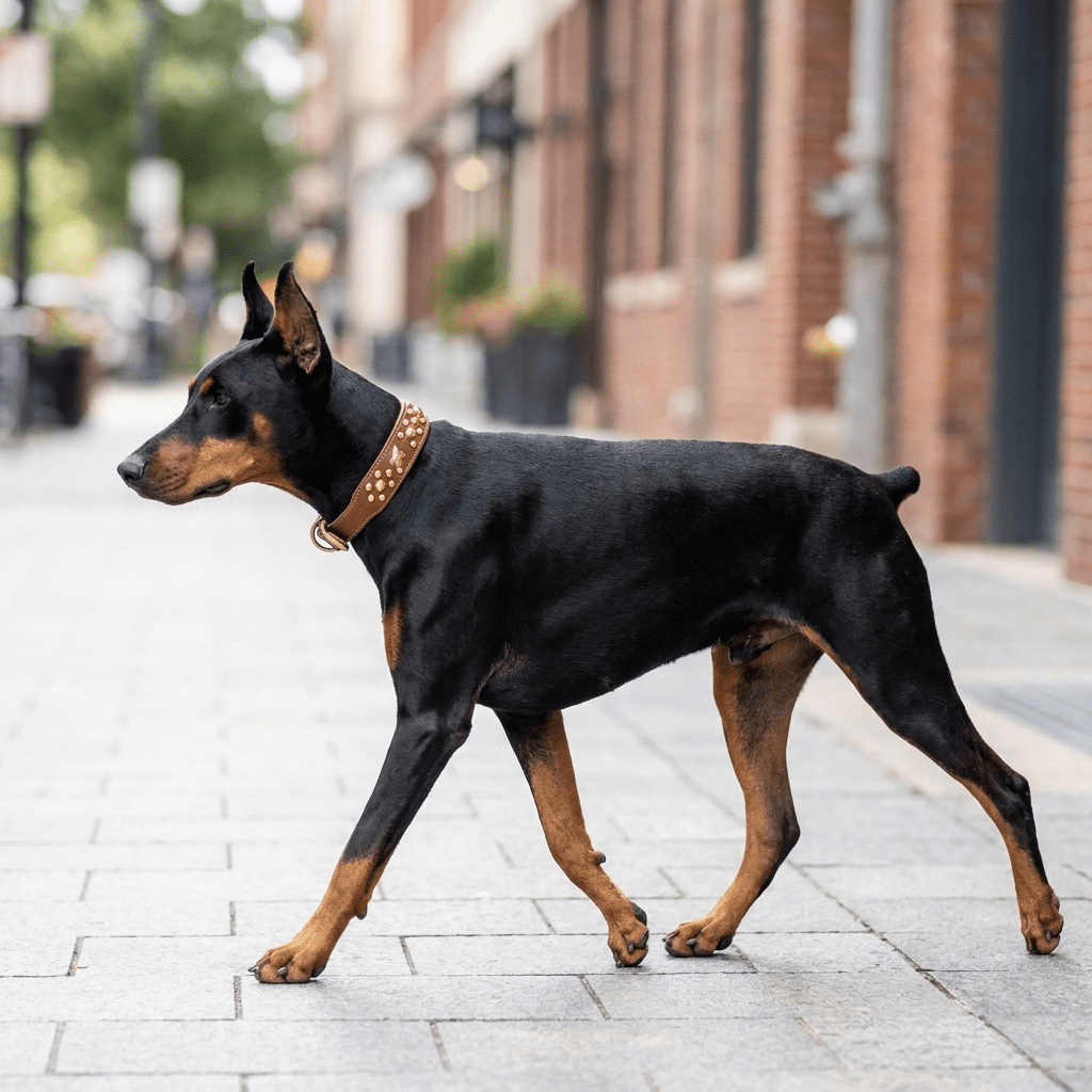 collier chien cuir cloute large noir sur dobermann en promenade profil