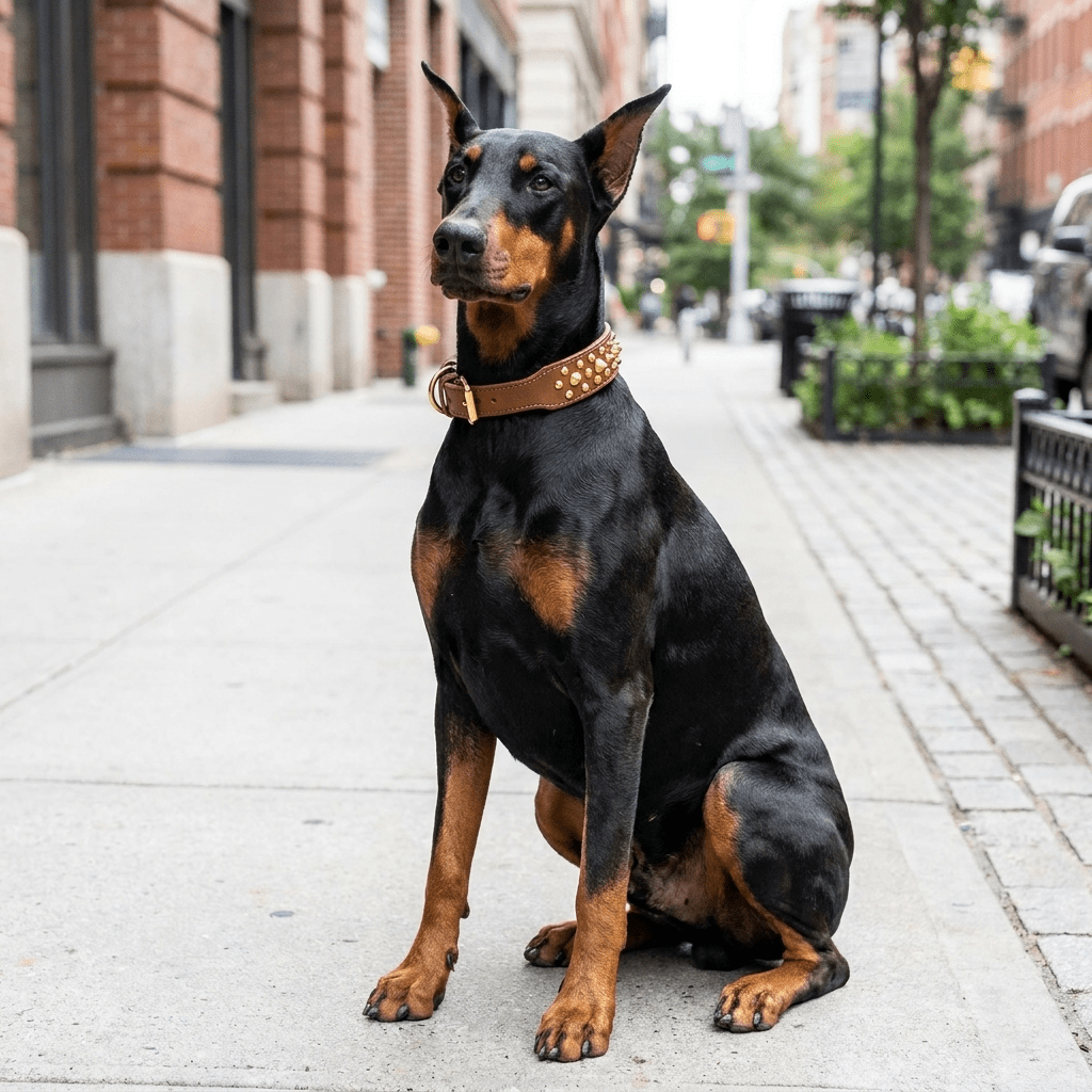 collier chien cuir cloute large noir sur dobermann assis trois quarts exterieur