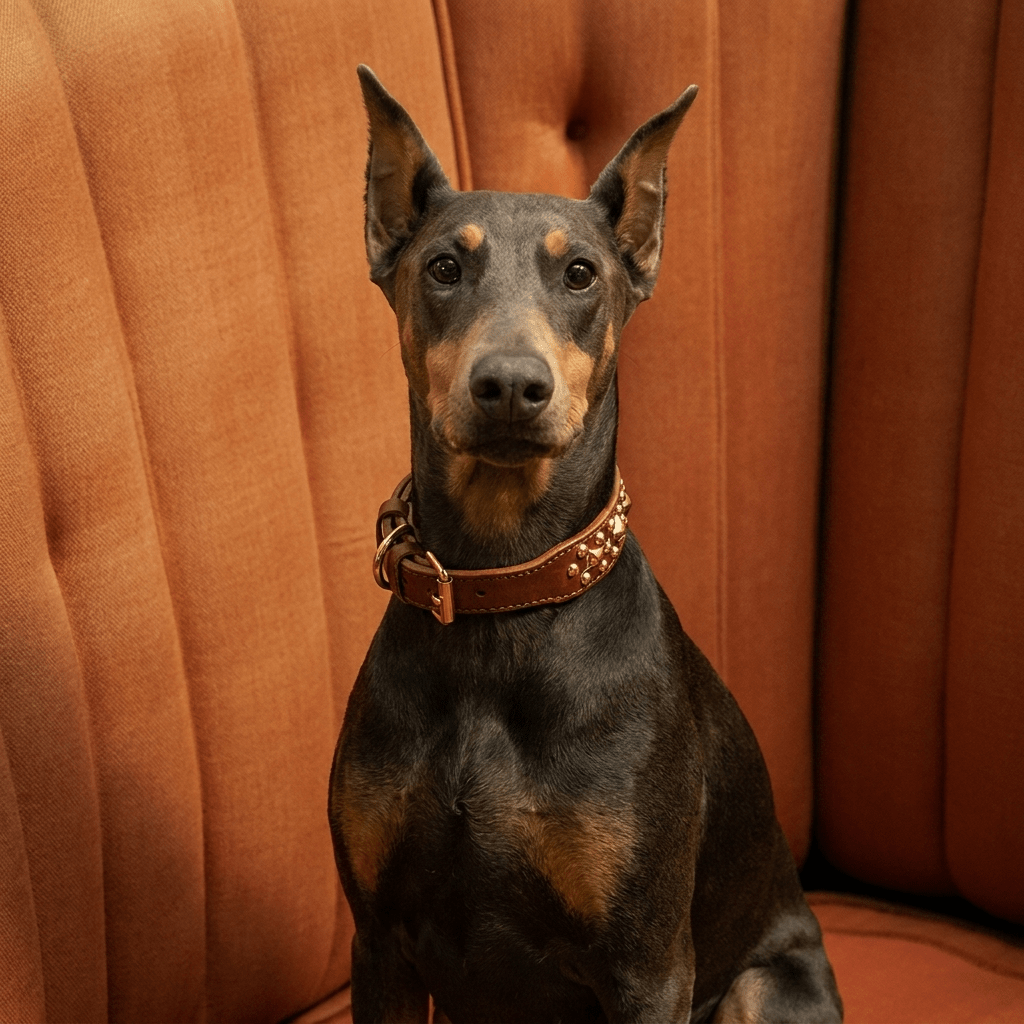 collier chien cuir cloute large marron sur dobermann portrait interieur