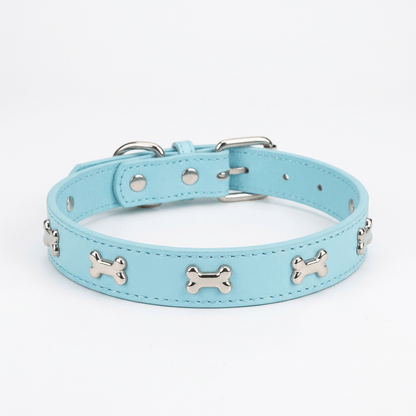 collier chien cuir veritable decor os bleu produit seul sur fond blanc
