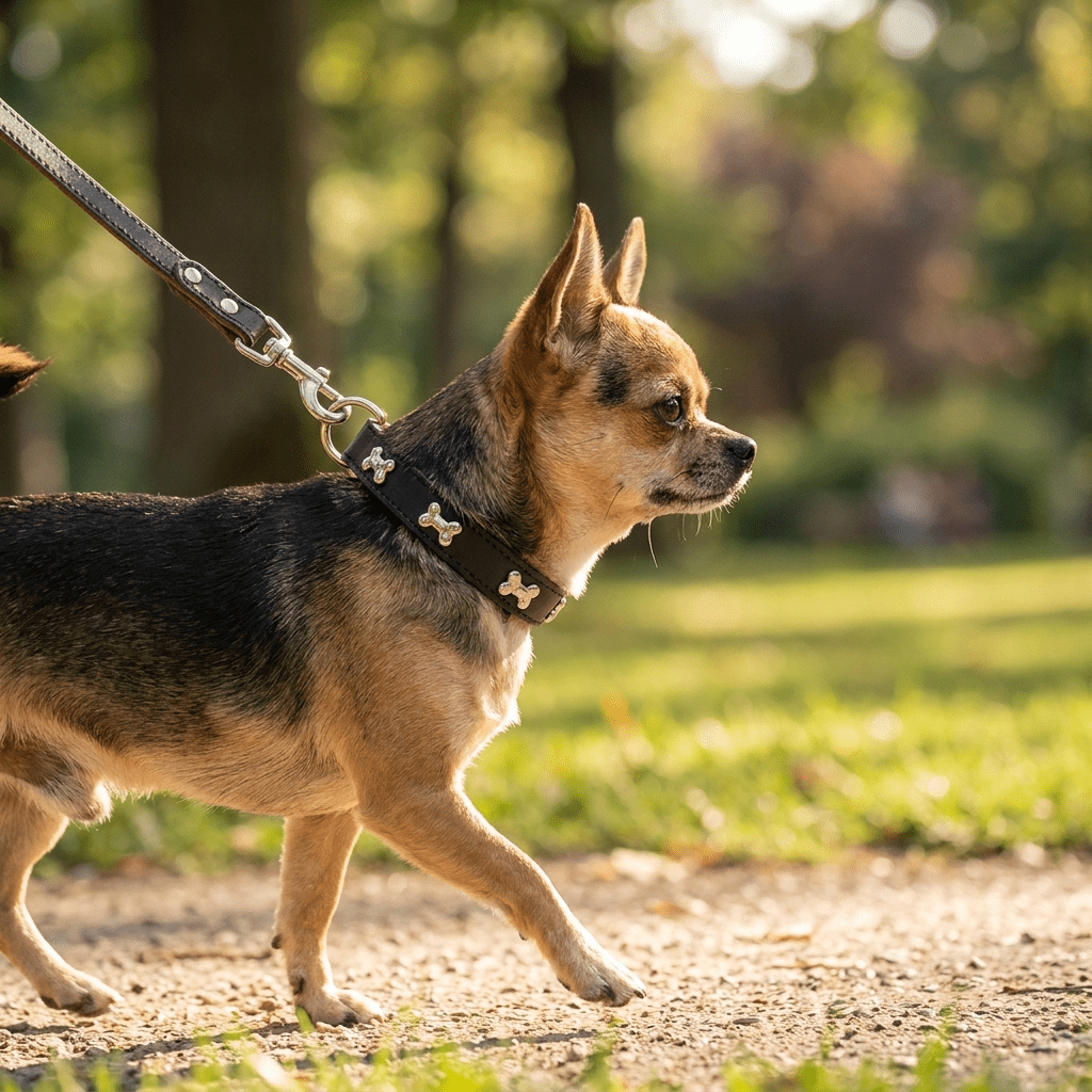 collier chien cuir veritable decor os noir sur chihuahua en promenade profil parc
