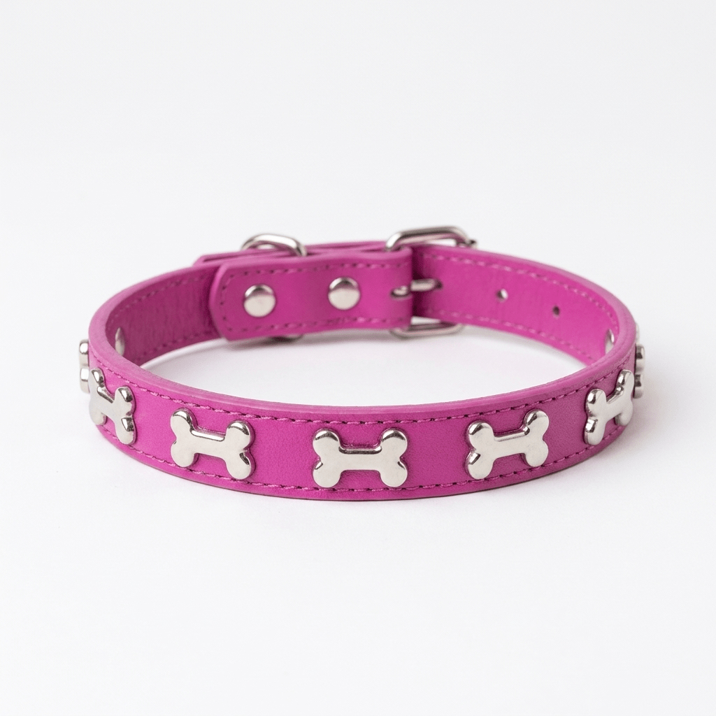 collier chien cuir veritable decor os rose produit seul sur fond blanc