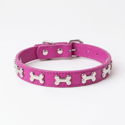 collier chien cuir veritable decor os rose produit seul sur fond blanc