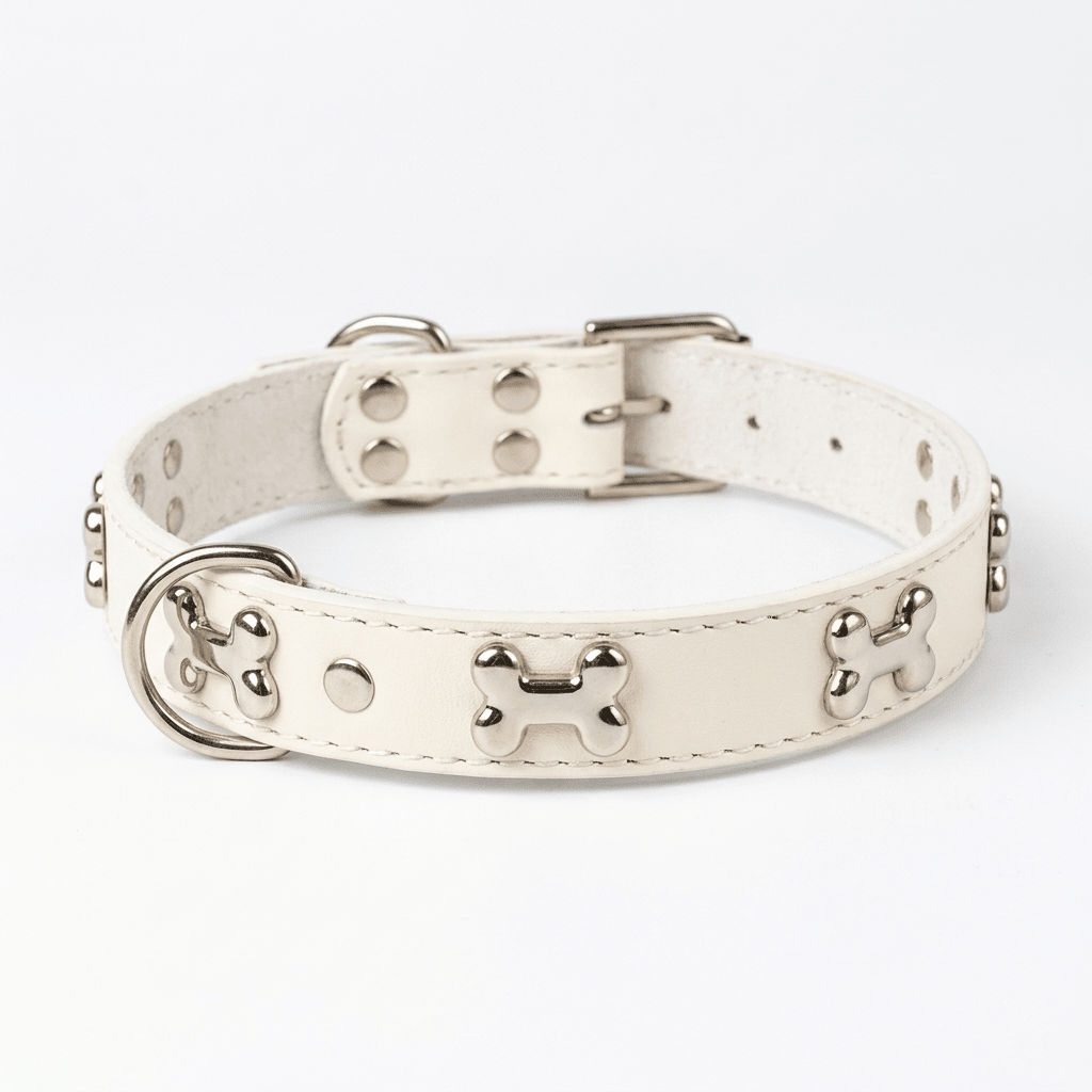 collier chien cuir veritable decor os blanc produit seul sur fond blanc