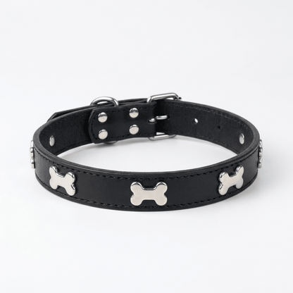 collier chien cuir veritable decor os noir produit seul sur fond blanc