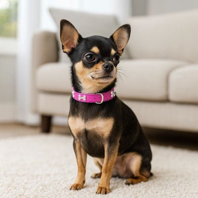 collier chien cuir véritable décor os rose porté par un chihuahua assis sur tapis salon