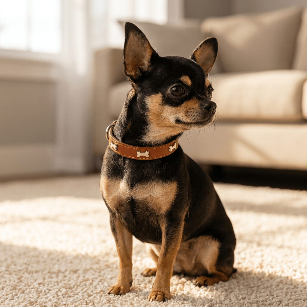 collier chien cuir veritable decor os marron sur chihuahua assis trois quarts interieur