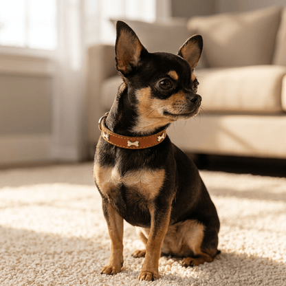 collier chien cuir veritable decor os marron sur chihuahua assis trois quarts interieur