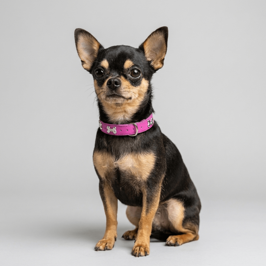 collier chien cuir veritable decor os rose sur chihuahua portrait interieur