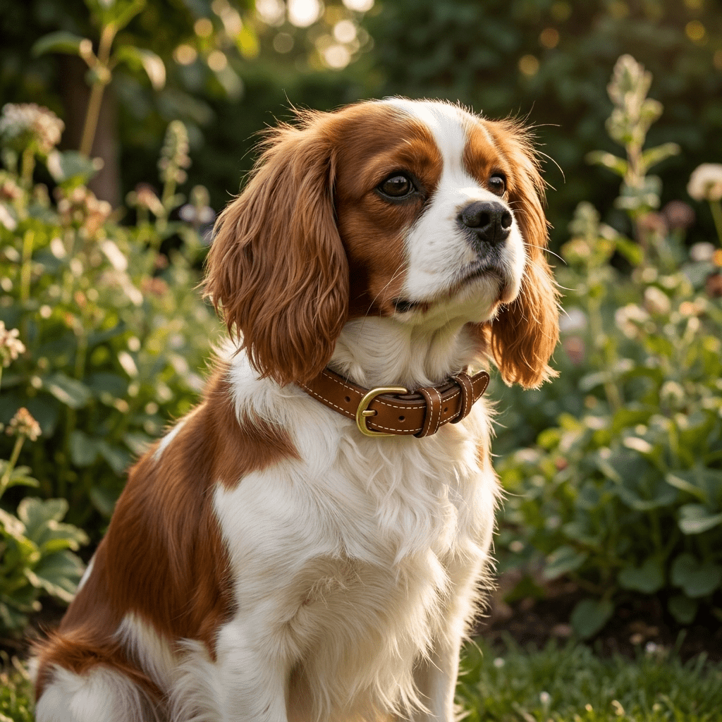 collier chien en cuir rembourre marron sur cavalier king charles assis trois quarts jardin