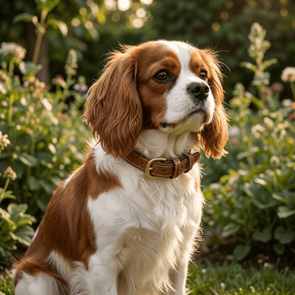 collier chien en cuir rembourre marron sur cavalier king charles assis trois quarts jardin