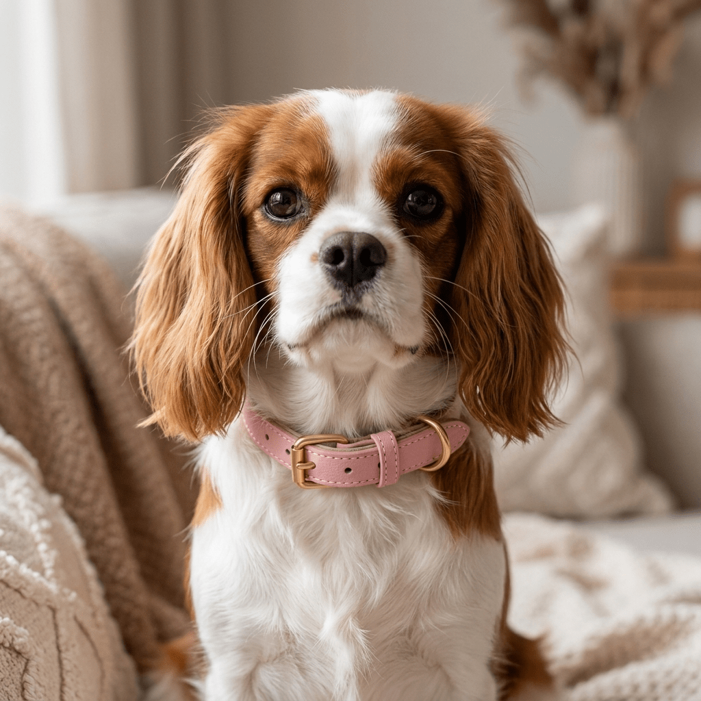 collier chien en cuir rembourre rose sur cavalier king charles assis portrait interieur
