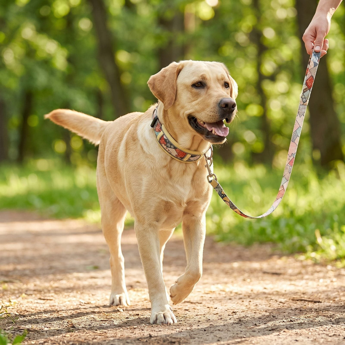 Chien en promenade en forêt avec son collier et sa laisse patchwork liseré beige