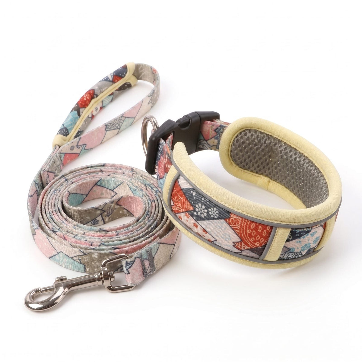 Ensemble collier et laisse pour chien à motifs wabi-sabi, liseré beige