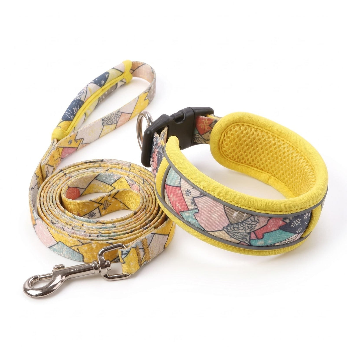 Ensemble collier et laisse pour chien à motifs wabi-sabi, liseré jaune