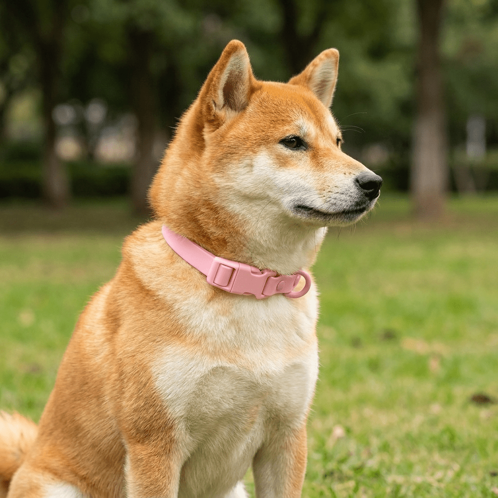 collier chien etanche rose sur shiba inu assis trois quarts exterieur