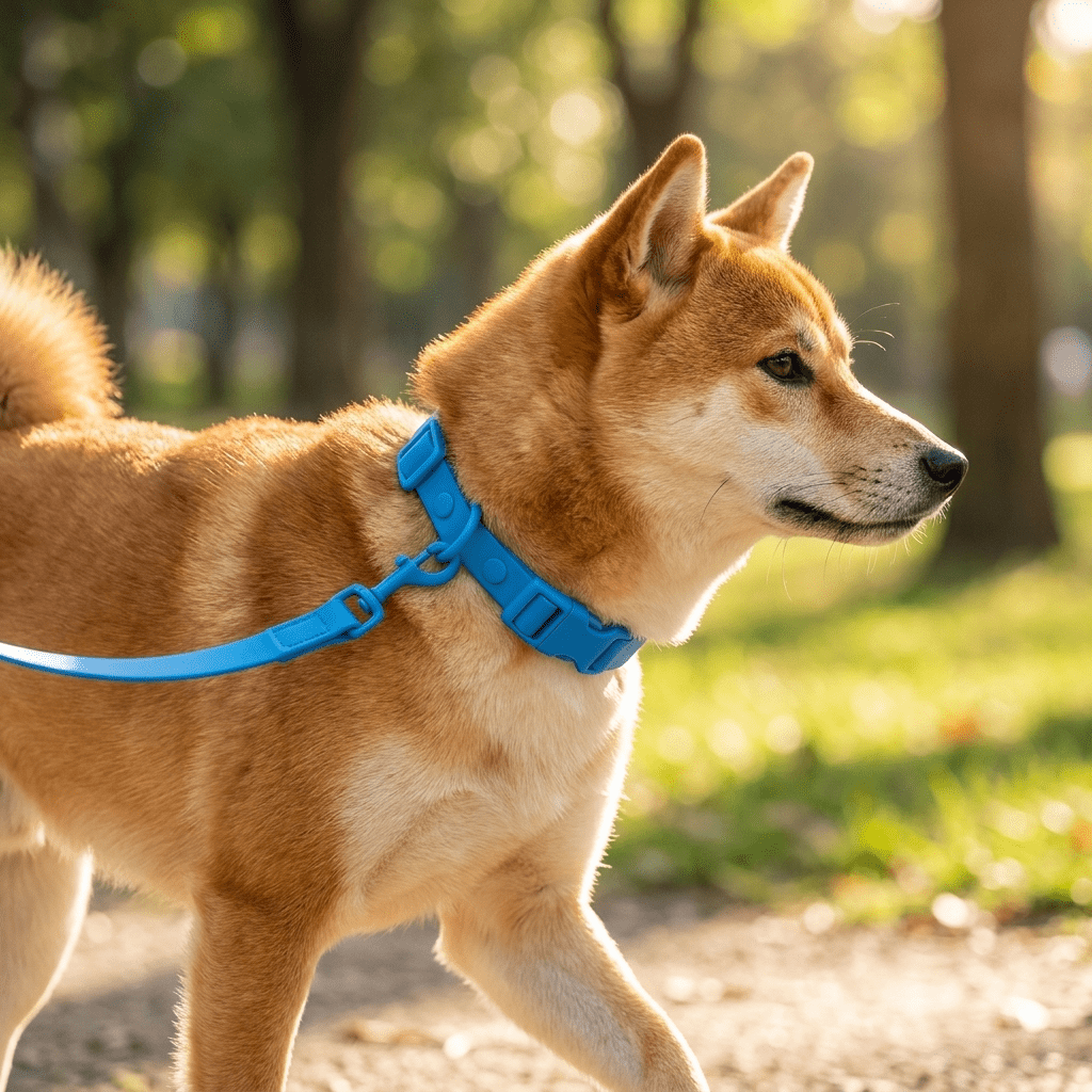 collier chien etanche bleu sur shiba inu en promenade profil parc