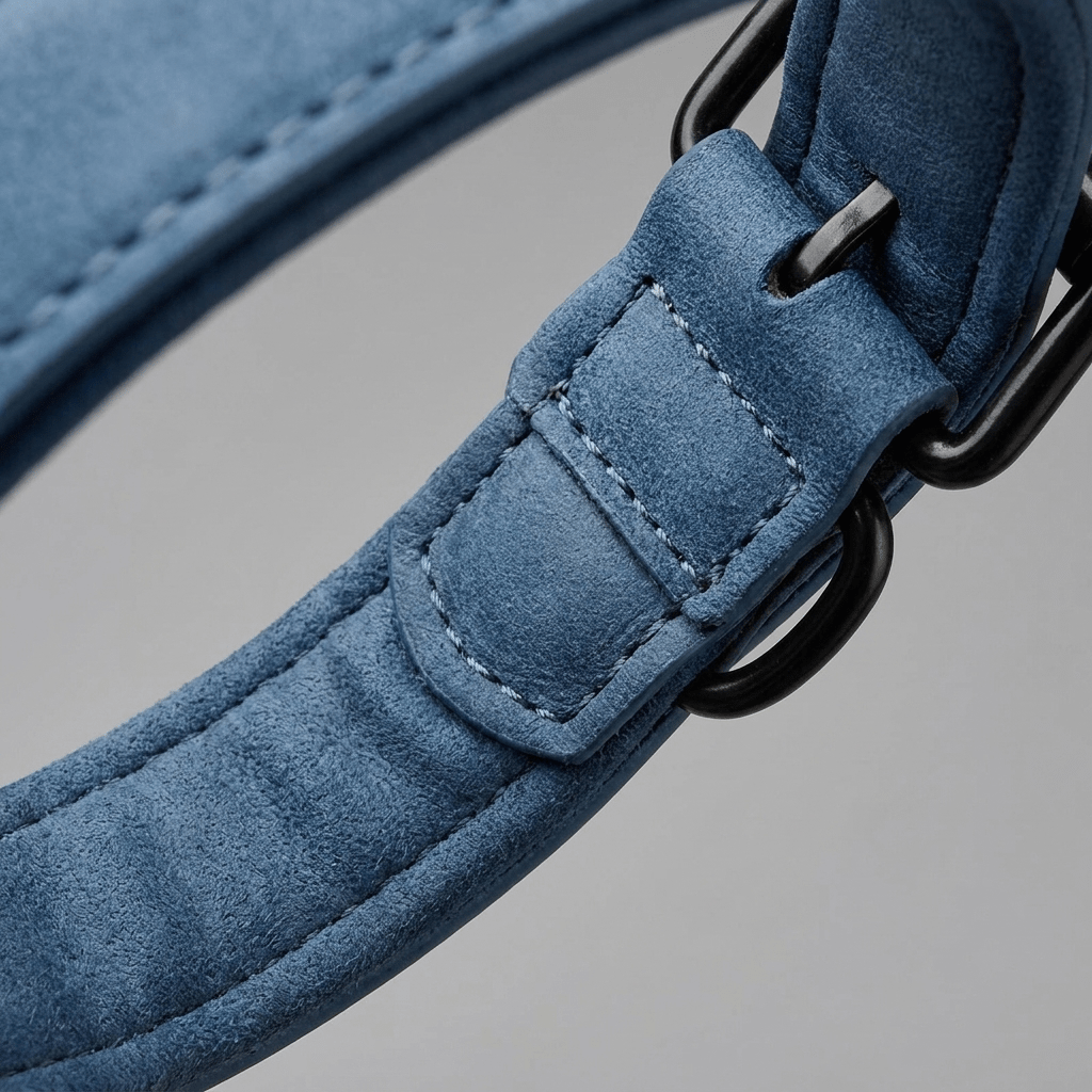 collier cuir chien bleu gros plan doublure interieure rembourree
