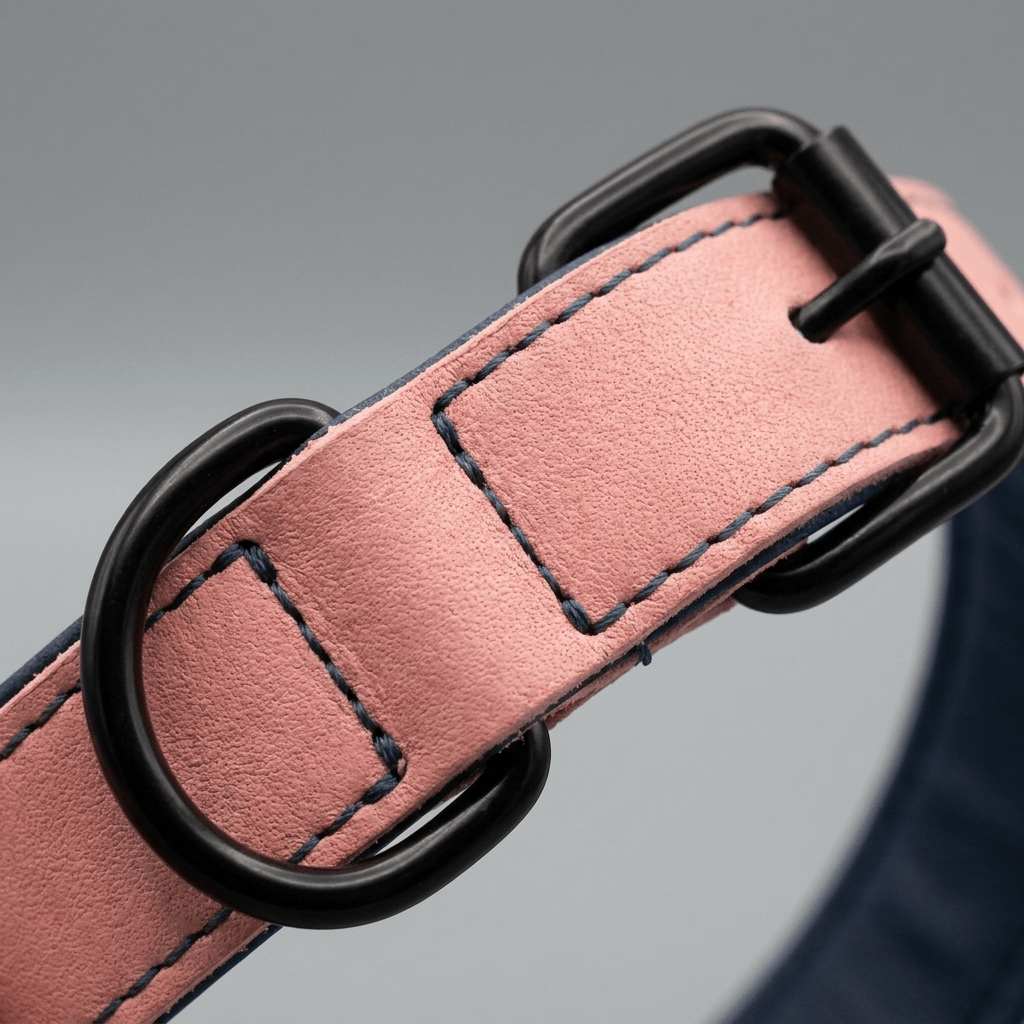 collier cuir chien rose gros plan texture cuir et coutures