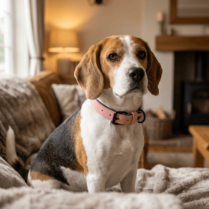 collier cuir chien rose sur beagle portrait interieur