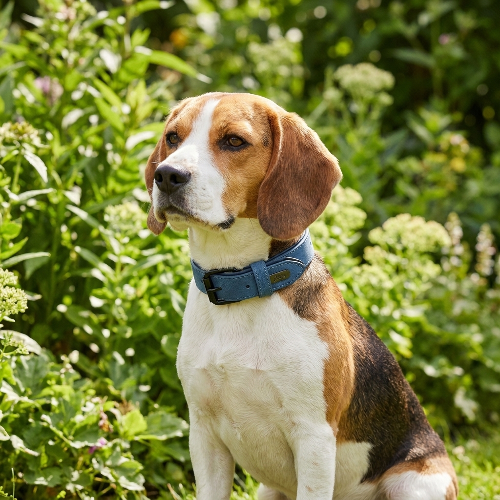 collier cuir chien bleu sur beagle assis trois quarts jardin