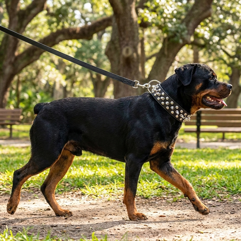 collier chien cuir cloute avec laisse assortie noir sur rottweiler en promenade profil
