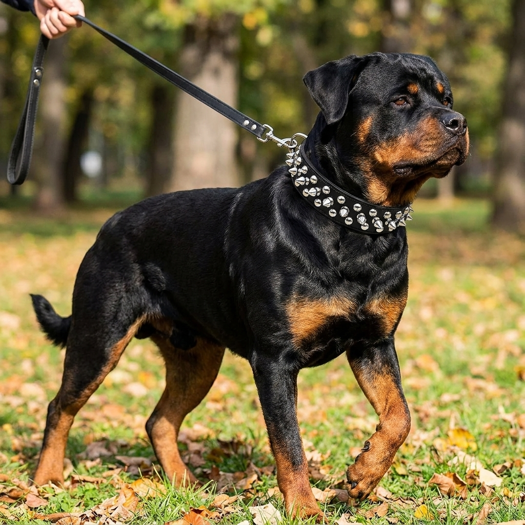 collier chien cuir cloute avec laisse assortie noir sur rottweiler trois quarts avec laisse tendue