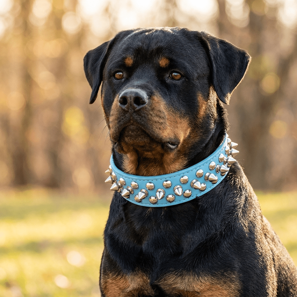 collier chien cuir cloute avec laisse assortie bleu ciel sur rottweiler portrait exterieur