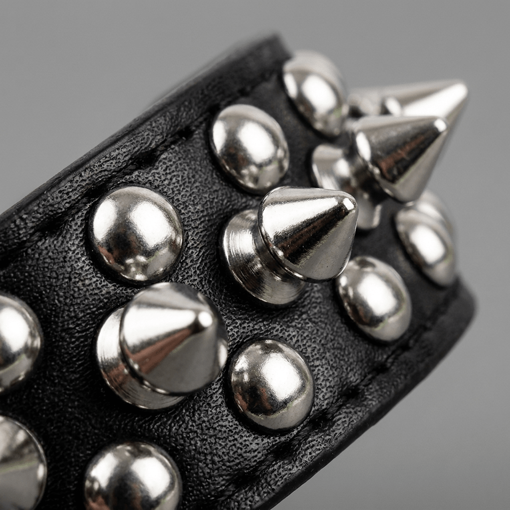collier chien cuir cloute avec laisse assortie gros plan rivets chromes noir