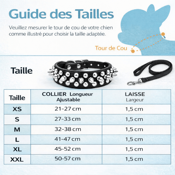 Guide des tailles collier cuir chien RivetRuff avec mesures tour de cou en centimetres XS a XXL pour choisir la bonne taille