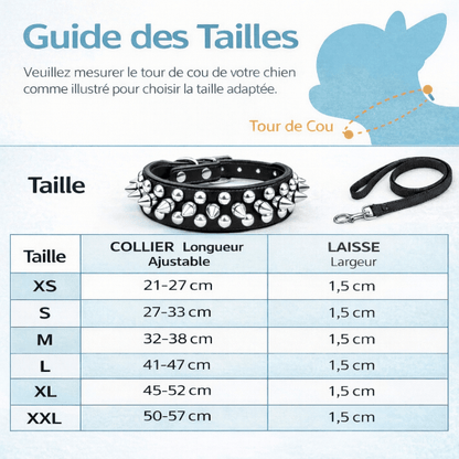 Guide des tailles collier cuir chien RivetRuff avec mesures tour de cou en centimetres XS a XXL pour choisir la bonne taille