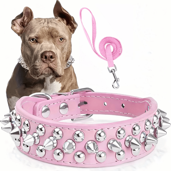 Collier cuir chien rose RivetRuff avec rivets metalliques brillants et laisse rose style punk chic pour chien
