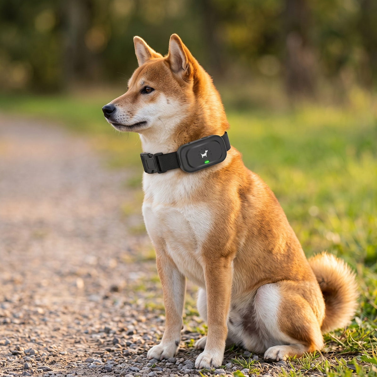 Chien assis en extérieur portant le collier de dressage chien choc électrique noir