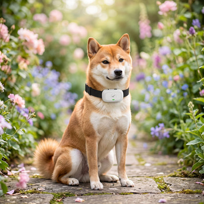 Chien dans un jardin fleuri portant le collier de dressage chien choc électrique blanc