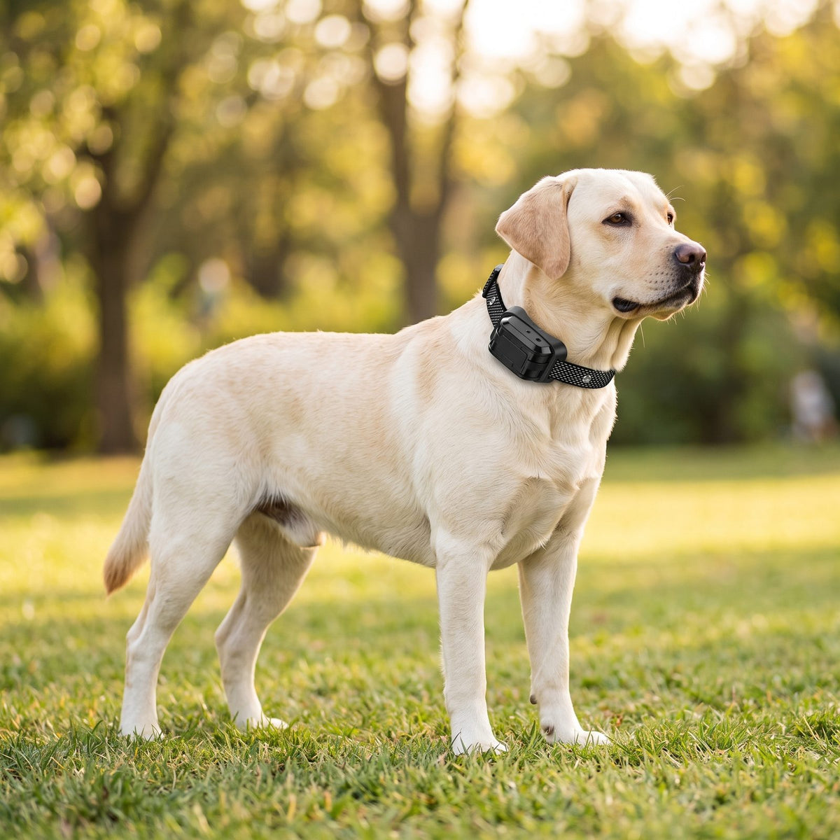 Labrador crème portant le collier de dressage chien à la citronnelle, debout dans un parc ensoleillé