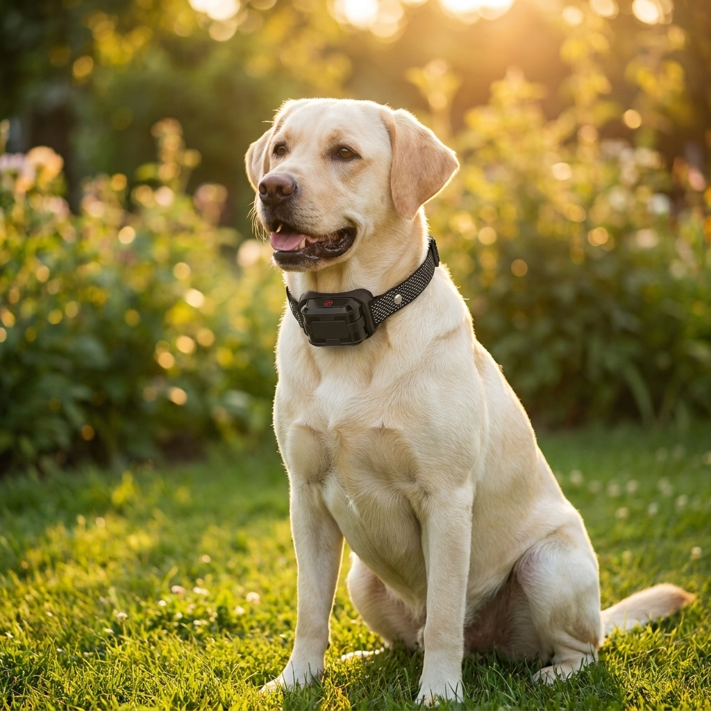 Labrador crème assis dans un jardin, portant le collier de dressage chien à la citronnelle