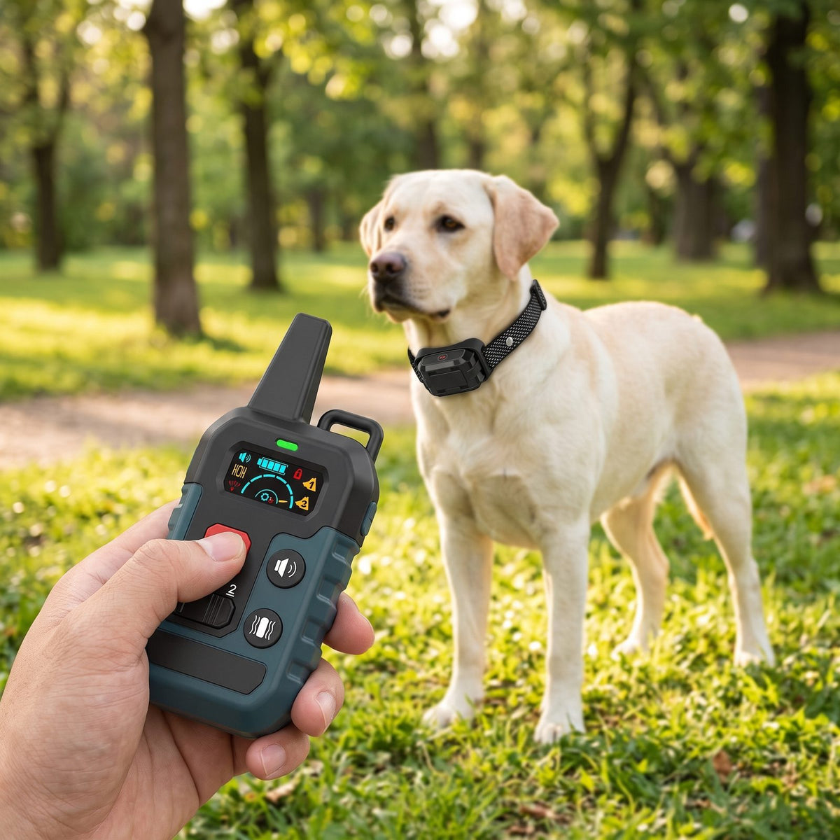 Main tenant la télécommande du collier de dressage chien à la citronnelle, Labrador en arrière-plan dans un parc