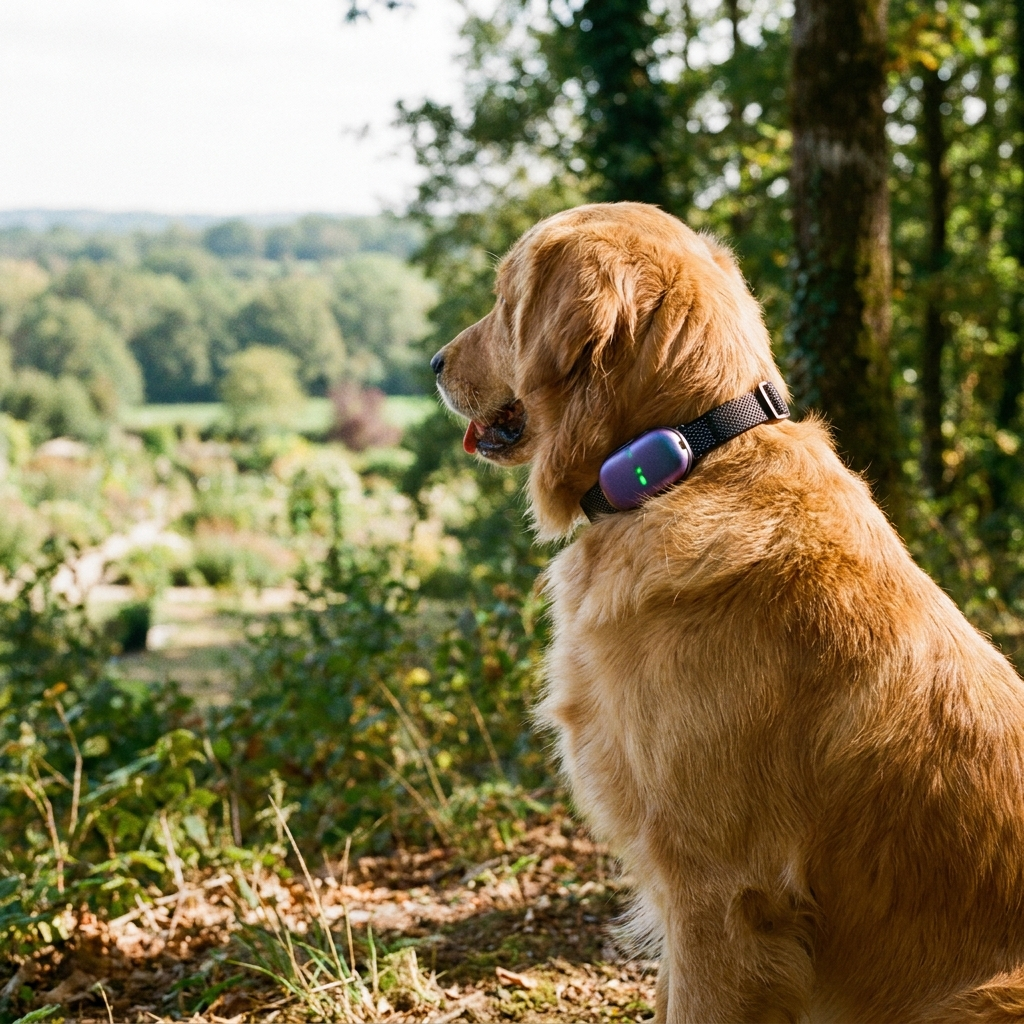 Golden Retriever portant le collier de dressage chien longue portée en extérieur, grand espace dégagé