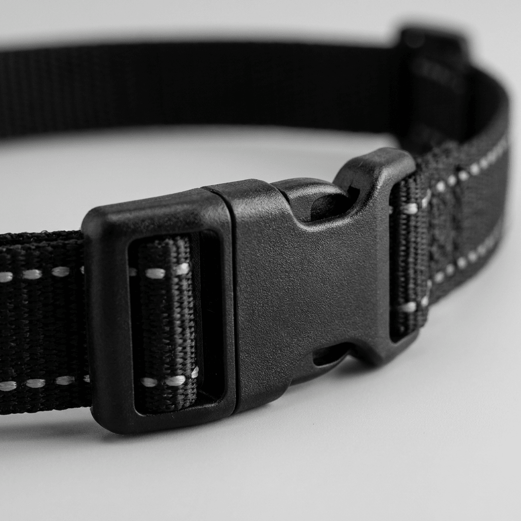 Gros plan sur la boucle de réglage et le tissu à mailles réfléchissant du collier de dressage chien à la citronnelle