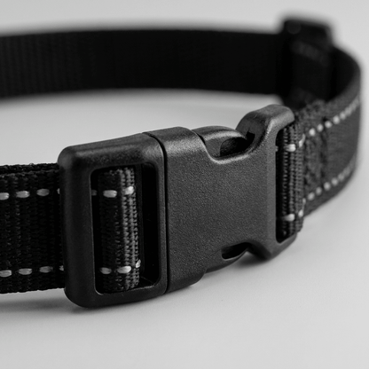 Gros plan sur la boucle de réglage et le tissu à mailles réfléchissant du collier de dressage chien à la citronnelle