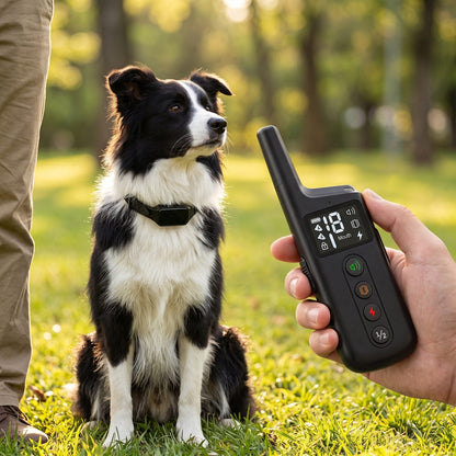 border collie assis au pied de son maitre pendant une seance de dressage avec le collier de dressage chien telecommande