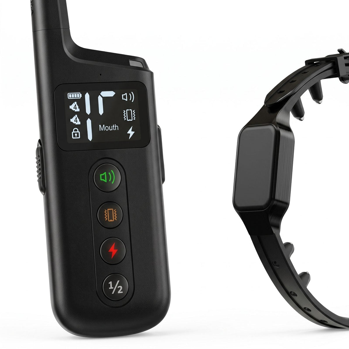 collier de dressage chien telecommande : telecommande noire et collier recepteur avec sangle tpu sur fond blanc