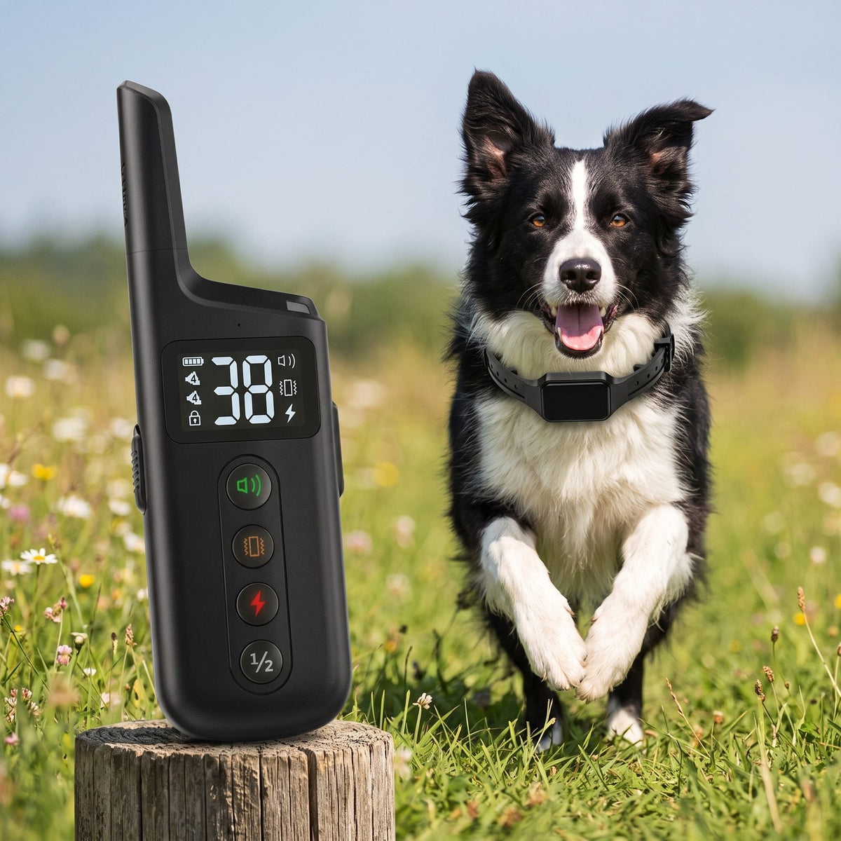 border collie qui revient au rappel dans une prairie avec le collier de dressage chien telecommande, telecommande posee sur une souche