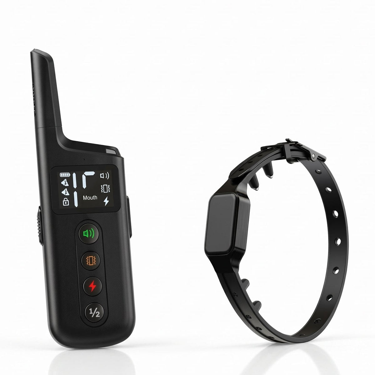 collier de dressage chien telecommande : photo produit de la telecommande noire et du collier recepteur a sangle tpu sur fond clair