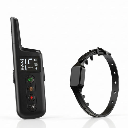collier de dressage chien telecommande : photo produit de la telecommande noire et du collier recepteur a sangle tpu sur fond clair
