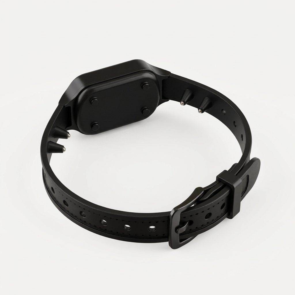 collier recepteur du collier de dressage chien telecommande avec sangle tpu perforee et contacts, vue produit sur fond blanc