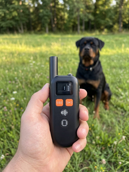 Main tenant la télécommande du collier de dressage chien ultrason, chien en arrière-plan dans un parc